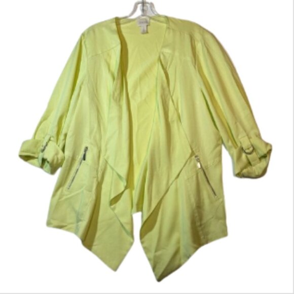 Chico’s Drape Front Jacket 3/4 Sleeve Zipper details Yellow Green Chartreuse - Picture 2 of 7